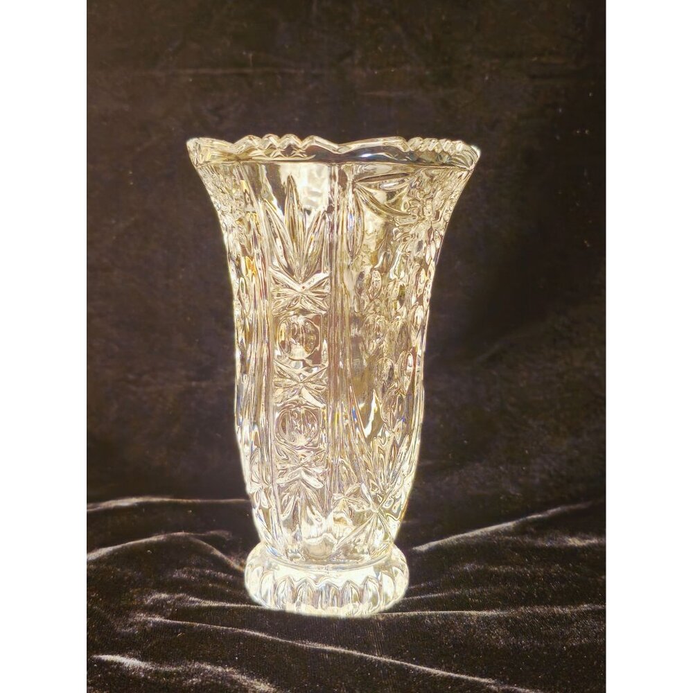 Vintage Crystal Cut Glass Vase With Intricate Floral Pattern 6” Tall Decorative